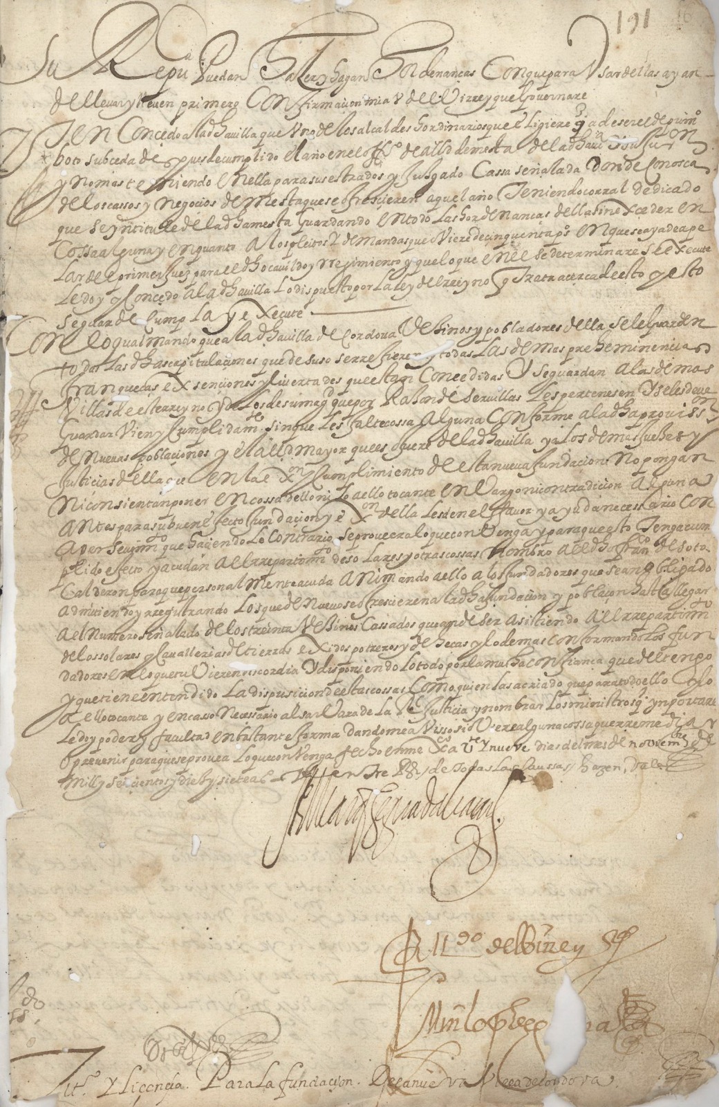 El documento firmado por el Marqués de Guadalcazar para fundar la villa de  Córdoba